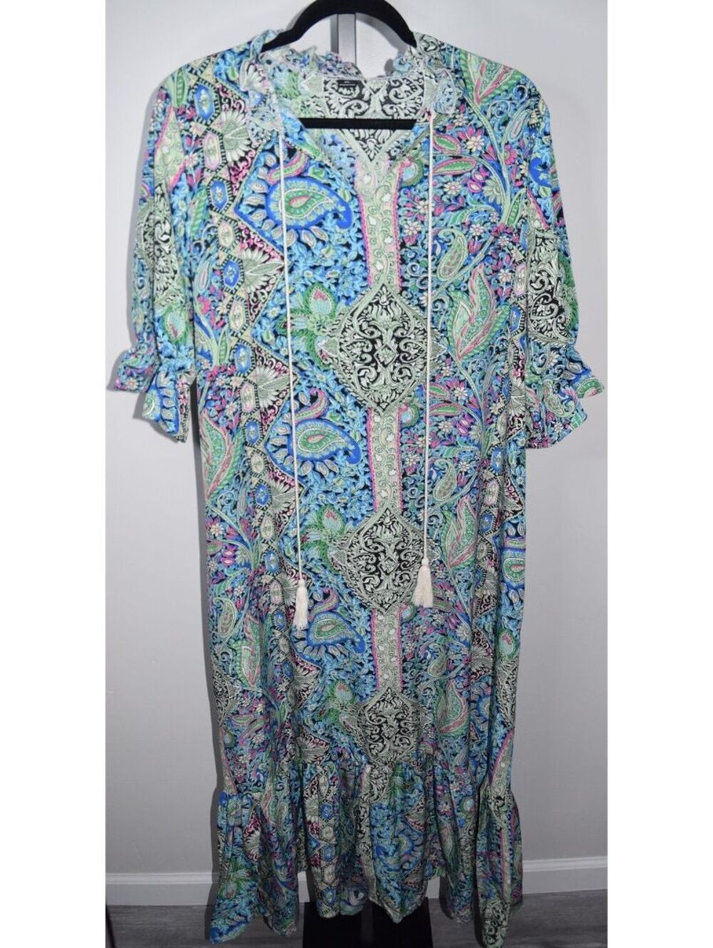 Bohemian Style XL Paisley Print Long Dress with Ruffled Hem & Tie Neck Unbranded